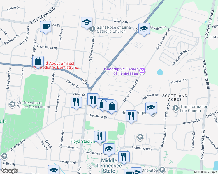 map of restaurants, bars, coffee shops, grocery stores, and more near 1521 Center Pointe Drive in Murfreesboro