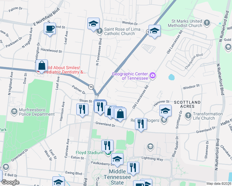 map of restaurants, bars, coffee shops, grocery stores, and more near 1521 Center Pointe Drive in Murfreesboro