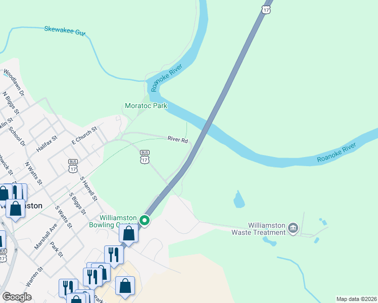 map of restaurants, bars, coffee shops, grocery stores, and more near 751 East Main Street in Williamston