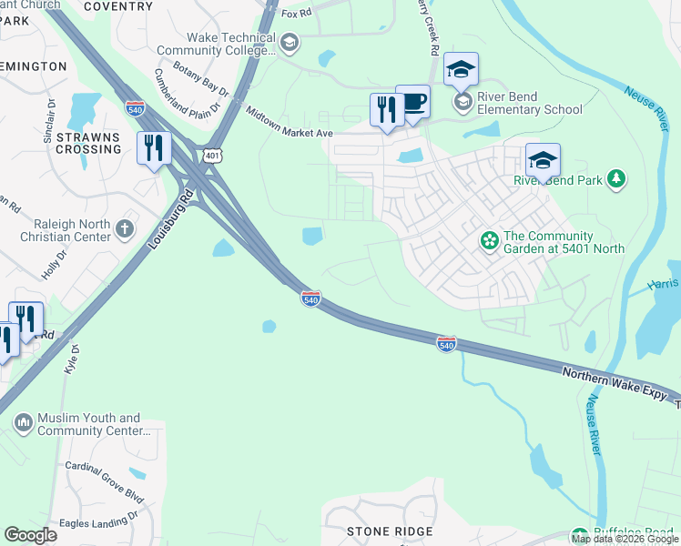 map of restaurants, bars, coffee shops, grocery stores, and more near 5305 Crescent Square Street in Raleigh