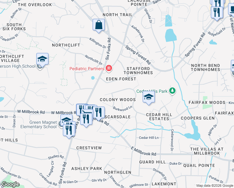 map of restaurants, bars, coffee shops, grocery stores, and more near 217 Rosehaven Drive in Raleigh