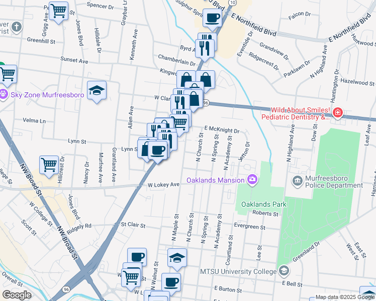 map of restaurants, bars, coffee shops, grocery stores, and more near 1115 North Maple Street in Murfreesboro