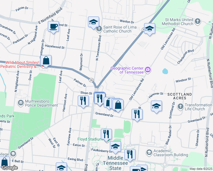 map of restaurants, bars, coffee shops, grocery stores, and more near 1455 Tennessee 96 Scenic in Murfreesboro