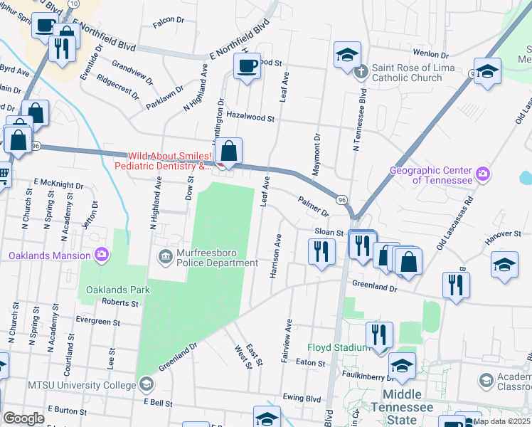map of restaurants, bars, coffee shops, grocery stores, and more near 1120 Leaf Avenue in Murfreesboro