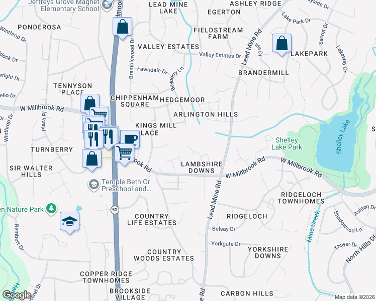 map of restaurants, bars, coffee shops, grocery stores, and more near 2301 Cowden Court in Raleigh