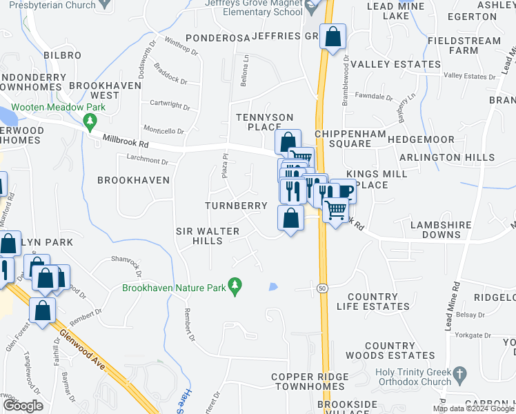 map of restaurants, bars, coffee shops, grocery stores, and more near 4408 Queenstown Court in Raleigh