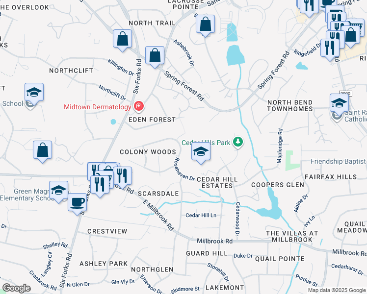 map of restaurants, bars, coffee shops, grocery stores, and more near 309 Rosehaven Drive in Raleigh