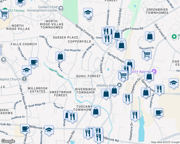 map of restaurants, bars, coffee shops, grocery stores, and more near 5621 Timber Ridge Drive in Raleigh