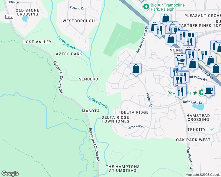 map of restaurants, bars, coffee shops, grocery stores, and more near 5129 Lady of the Lake Drive in Raleigh
