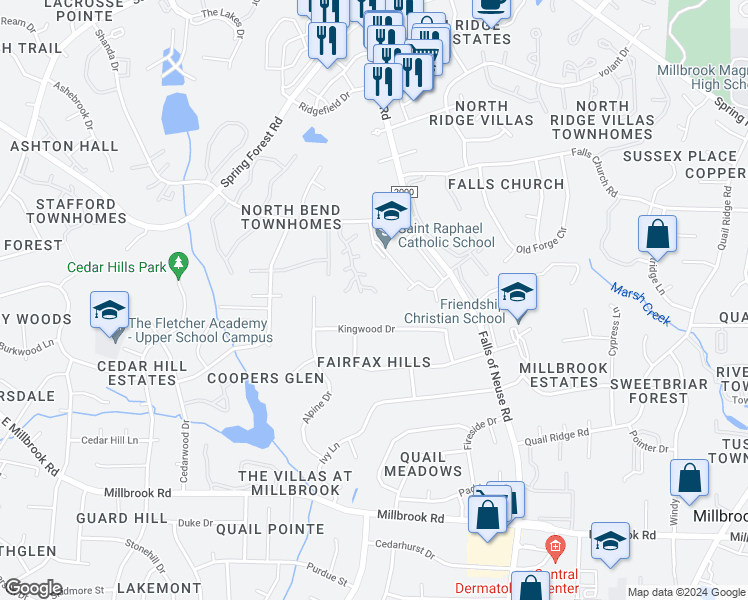 map of restaurants, bars, coffee shops, grocery stores, and more near 5707 Grasmere Court in Raleigh