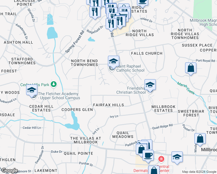 map of restaurants, bars, coffee shops, grocery stores, and more near 5707 Grasmere Court in Raleigh
