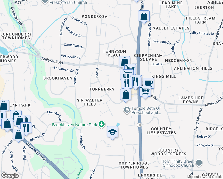 map of restaurants, bars, coffee shops, grocery stores, and more near 4408 Queenstown Court in Raleigh