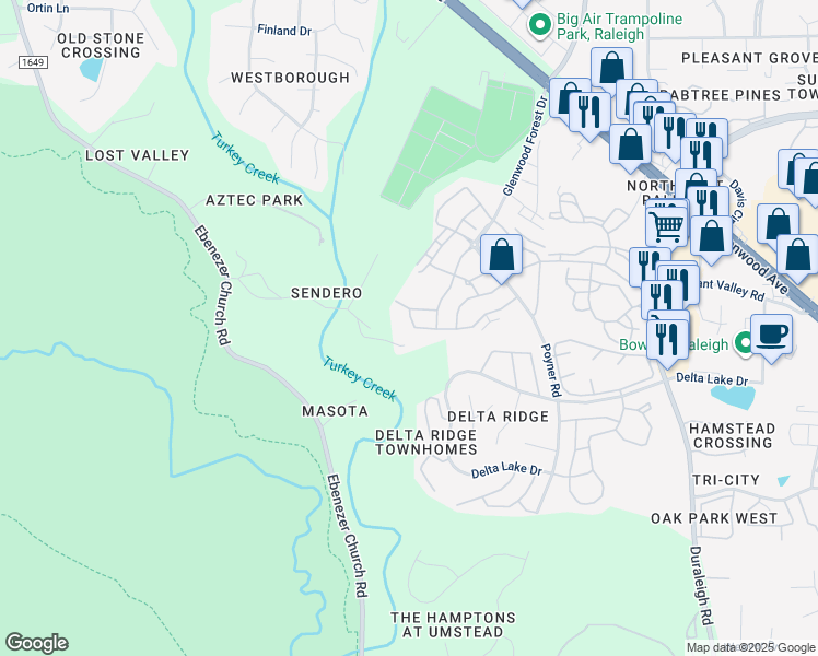 map of restaurants, bars, coffee shops, grocery stores, and more near 5129 Lady of the Lake Drive in Raleigh