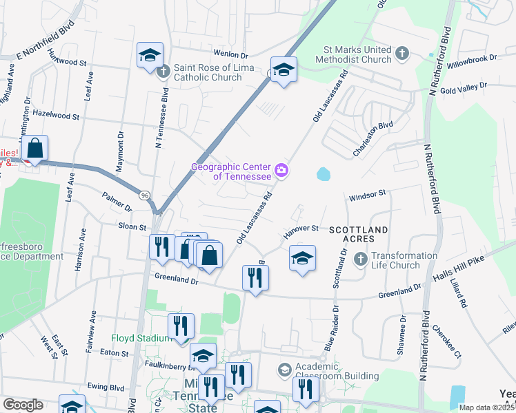 map of restaurants, bars, coffee shops, grocery stores, and more near 1213 Old Lascassas Road in Murfreesboro