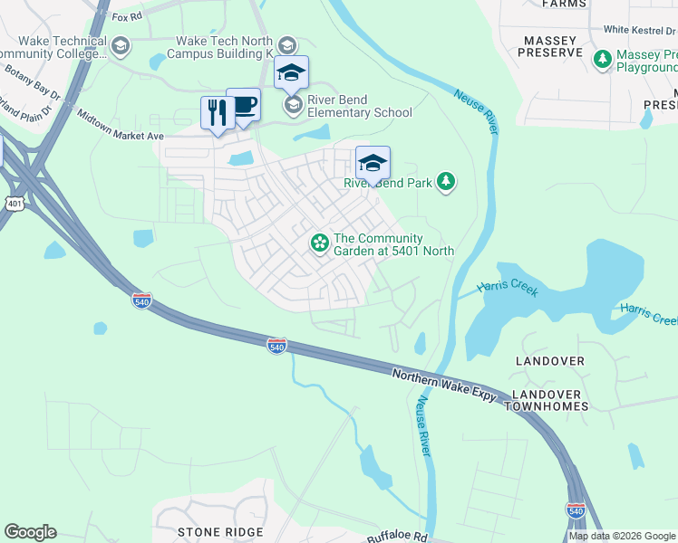 map of restaurants, bars, coffee shops, grocery stores, and more near 6400 Perry Creek Road in Raleigh