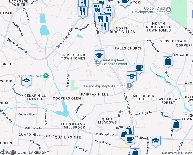 map of restaurants, bars, coffee shops, grocery stores, and more near 5704 Grasmere Court in Raleigh