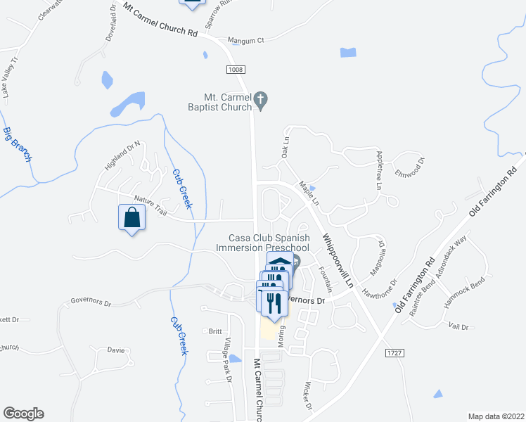 map of restaurants, bars, coffee shops, grocery stores, and more near 600 Durant Street in Chapel Hill