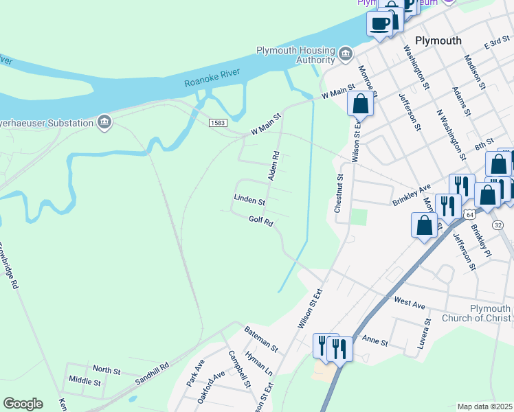 map of restaurants, bars, coffee shops, grocery stores, and more near 104 Linden Street in Plymouth