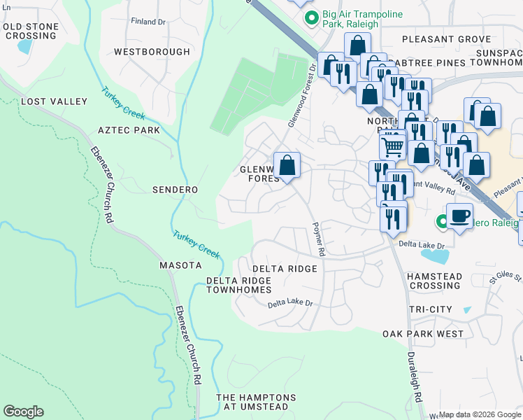 map of restaurants, bars, coffee shops, grocery stores, and more near 5025 Amber Clay Lane in Raleigh