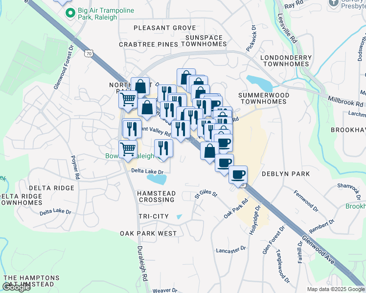 map of restaurants, bars, coffee shops, grocery stores, and more near 4217 Pleasant Valley Road in Raleigh
