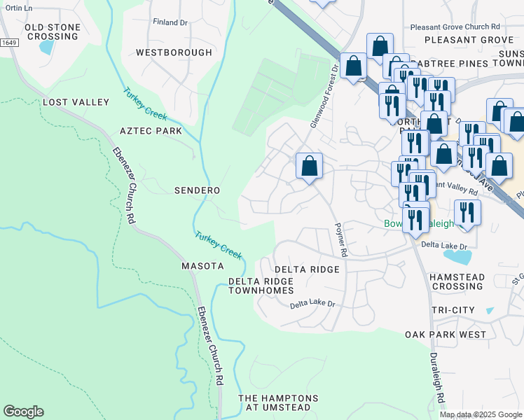 map of restaurants, bars, coffee shops, grocery stores, and more near 5108 Lady of the Lake Drive in Raleigh