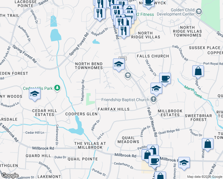 map of restaurants, bars, coffee shops, grocery stores, and more near 1202 Deptford Court in Raleigh