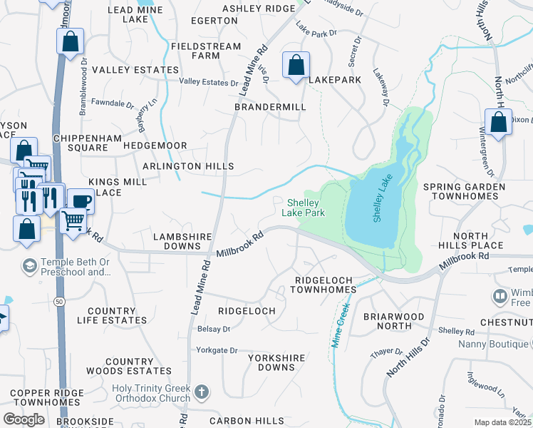 map of restaurants, bars, coffee shops, grocery stores, and more near 2101 Paces Forest Court in Raleigh