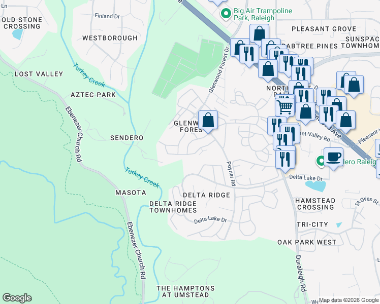 map of restaurants, bars, coffee shops, grocery stores, and more near 5025 Amber Clay Lane in Raleigh