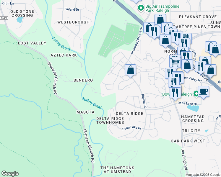 map of restaurants, bars, coffee shops, grocery stores, and more near 5108 Lady of the Lake Drive in Raleigh
