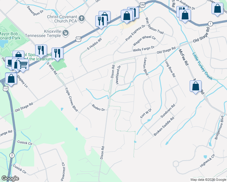 map of restaurants, bars, coffee shops, grocery stores, and more near 407 Willowcrest Lane in Knoxville