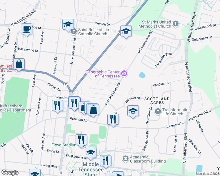 map of restaurants, bars, coffee shops, grocery stores, and more near 1213 Old Lascassas Road in Murfreesboro