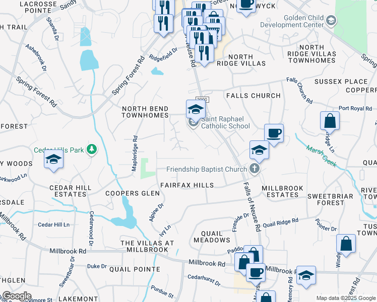 map of restaurants, bars, coffee shops, grocery stores, and more near 5704 Grasmere Court in Raleigh