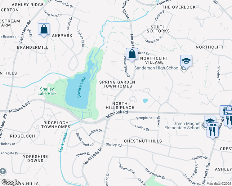 map of restaurants, bars, coffee shops, grocery stores, and more near 1314 Garden Crest Circle in Raleigh