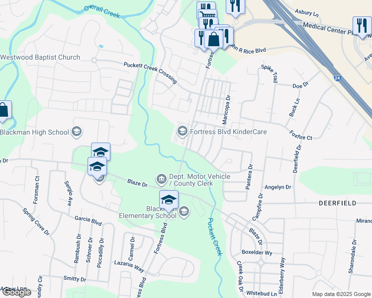 map of restaurants, bars, coffee shops, grocery stores, and more near Fortress Boulevard in Murfreesboro