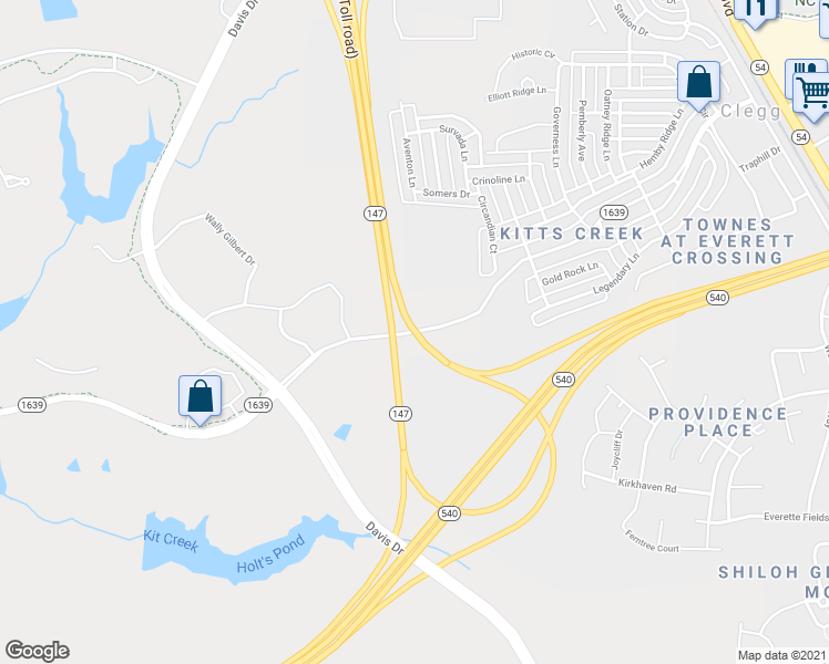 map of restaurants, bars, coffee shops, grocery stores, and more near Kit Creek Road in Morrisville