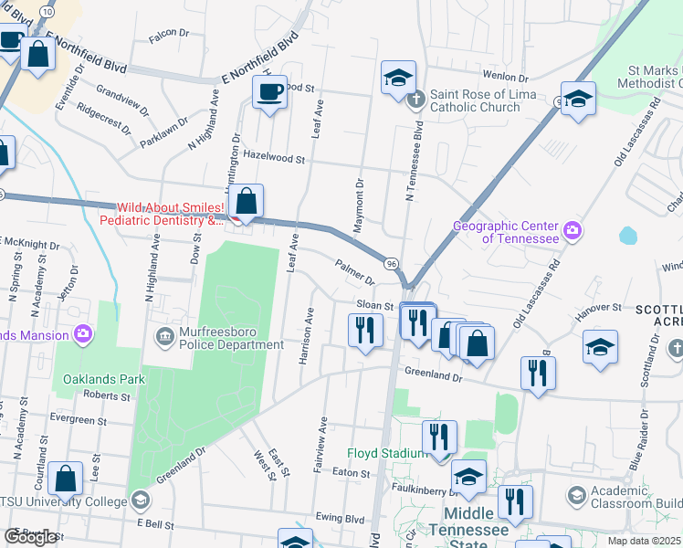 map of restaurants, bars, coffee shops, grocery stores, and more near 955 Palmer Drive in Murfreesboro