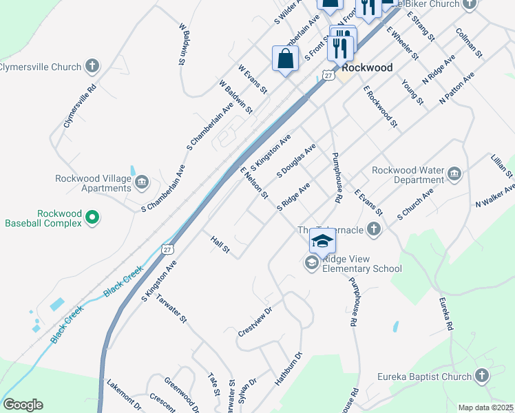 map of restaurants, bars, coffee shops, grocery stores, and more near 301 East Nelson Street in Rockwood