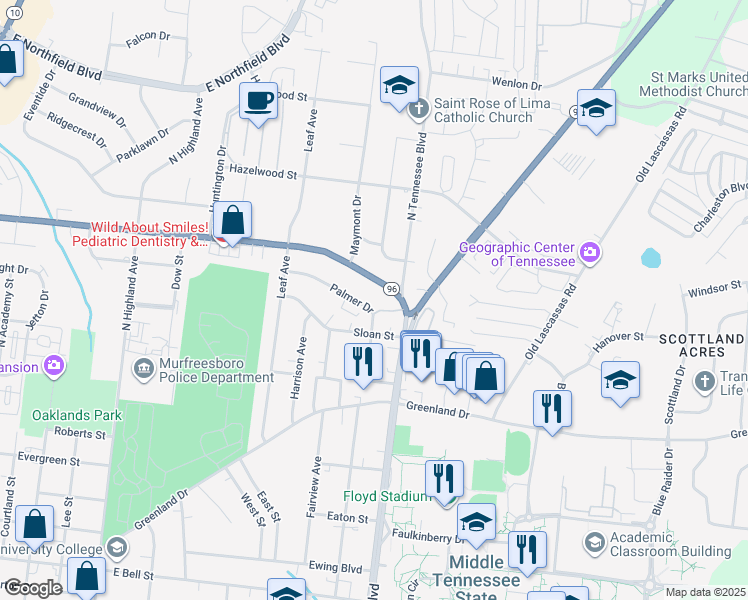 map of restaurants, bars, coffee shops, grocery stores, and more near 1130 East Clark Boulevard in Murfreesboro