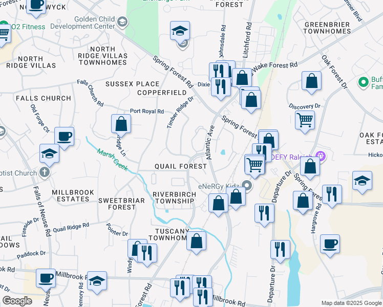 map of restaurants, bars, coffee shops, grocery stores, and more near 5817 Shady Grove Circle in Raleigh