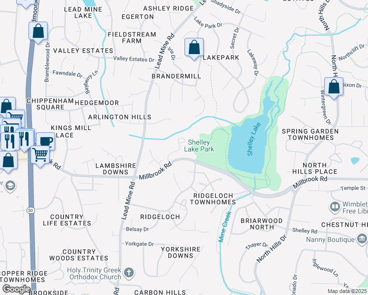 map of restaurants, bars, coffee shops, grocery stores, and more near 2101 Paces Forest Court in Raleigh