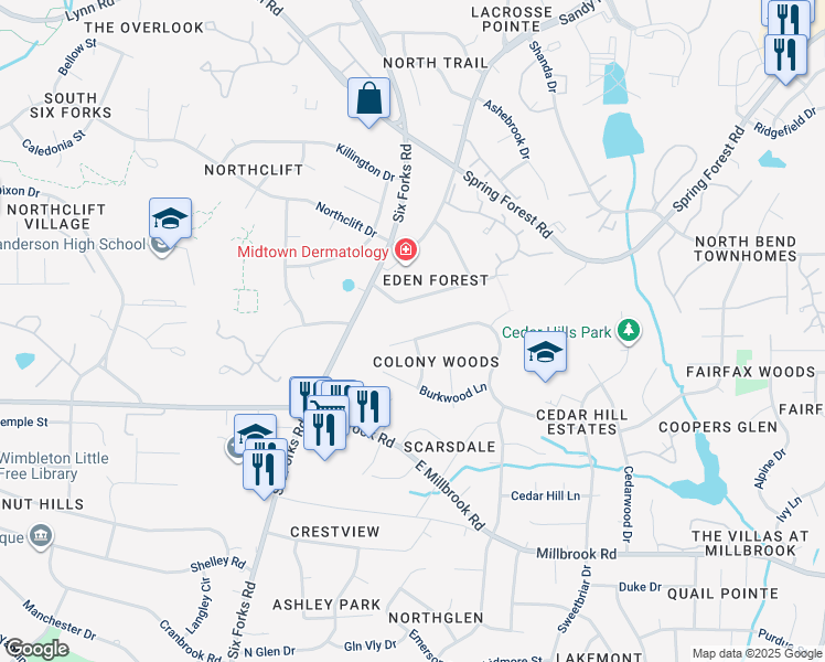map of restaurants, bars, coffee shops, grocery stores, and more near 121 Rosehaven Dr in Raleigh