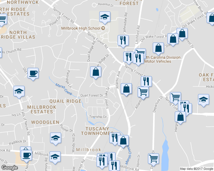 map of restaurants, bars, coffee shops, grocery stores, and more near 5809 Shady Grove Circle in Raleigh