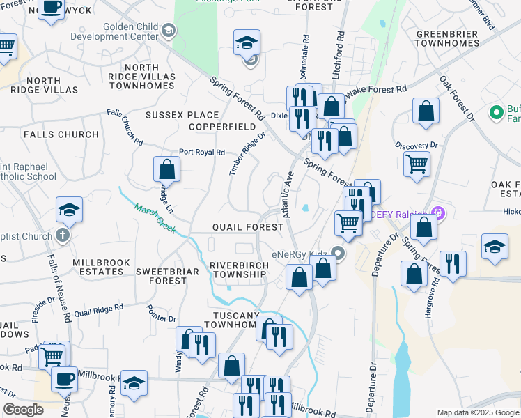 map of restaurants, bars, coffee shops, grocery stores, and more near 5809 Shady Grove Circle in Raleigh