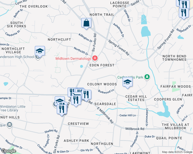 map of restaurants, bars, coffee shops, grocery stores, and more near 121 Rosehaven Drive in Raleigh