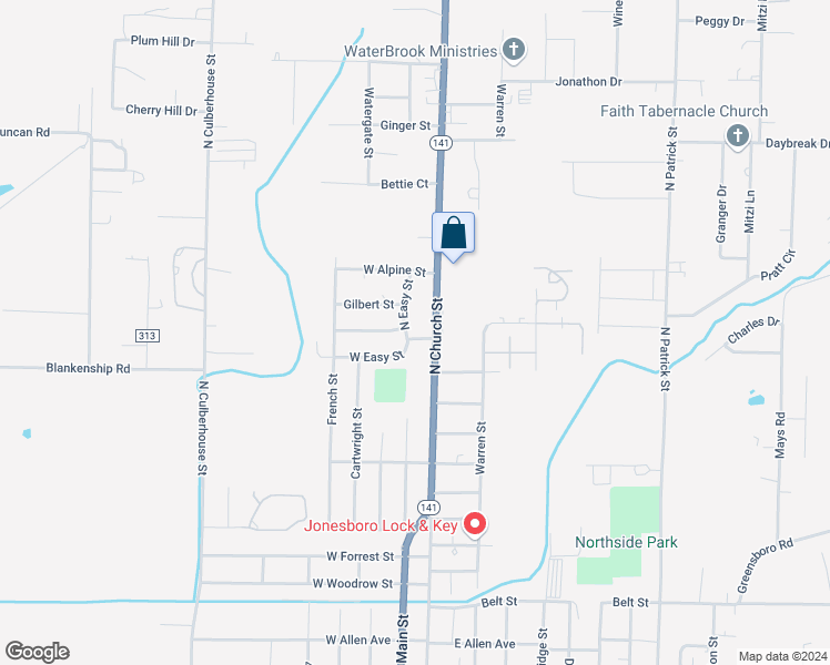map of restaurants, bars, coffee shops, grocery stores, and more near 104 Novak Street in Jonesboro