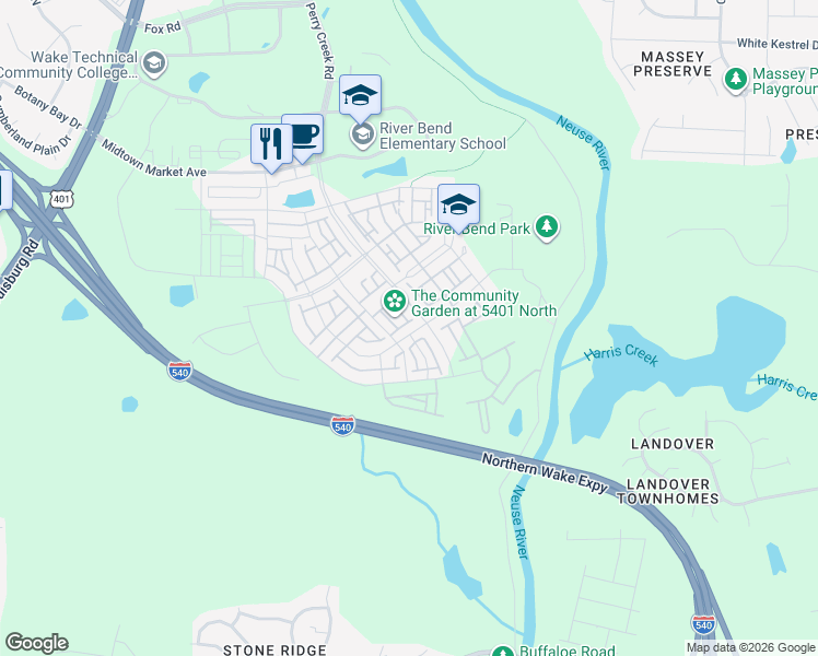 map of restaurants, bars, coffee shops, grocery stores, and more near 6400 Perry Creek Road in Raleigh