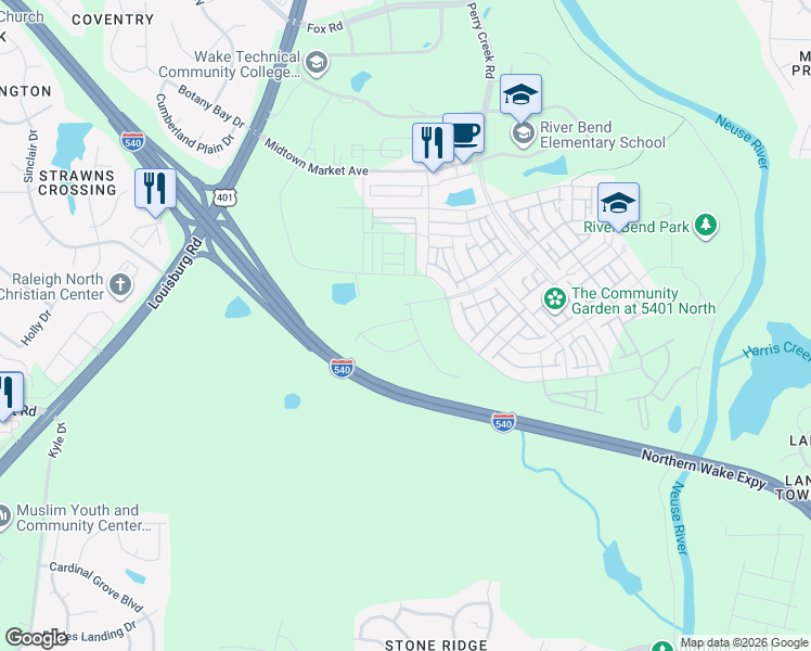 map of restaurants, bars, coffee shops, grocery stores, and more near 5305 Crescent Square Street in Raleigh