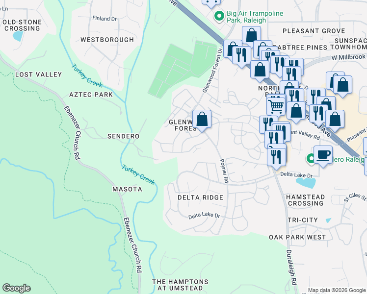 map of restaurants, bars, coffee shops, grocery stores, and more near 5025 Amber Clay Lane in Raleigh