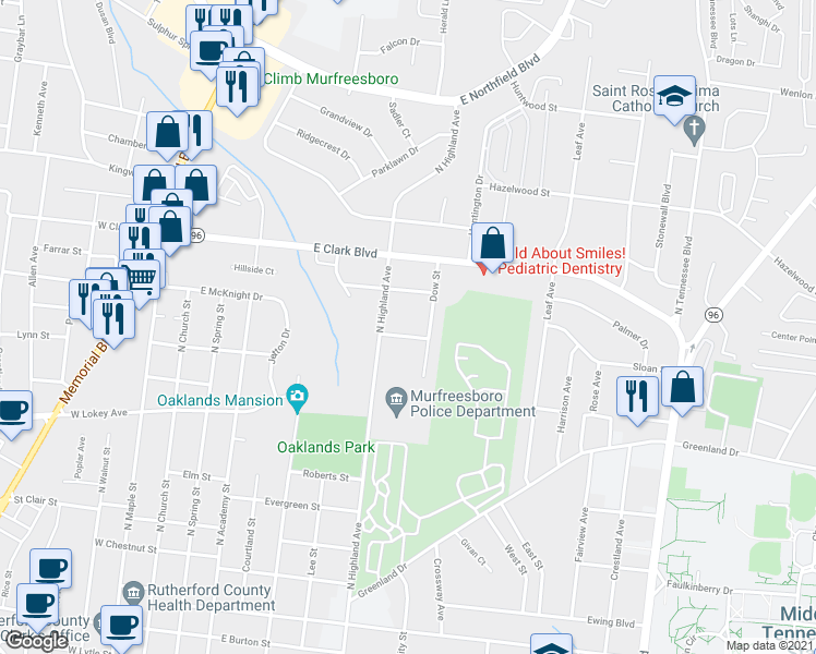 map of restaurants, bars, coffee shops, grocery stores, and more near 511 Highland Terrace in Murfreesboro