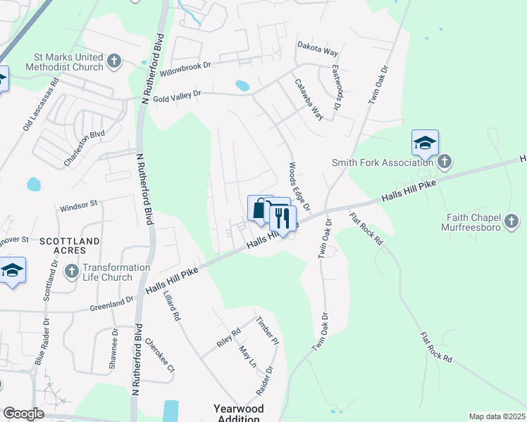 map of restaurants, bars, coffee shops, grocery stores, and more near 1320 Journey Drive in Murfreesboro